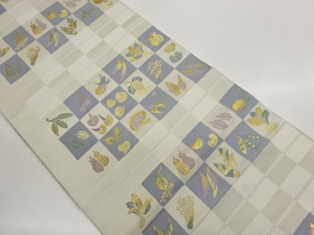 JAPANESE KIMONO / NAGOYA OBI / WOVEN CHECKERED & VEGETABLES